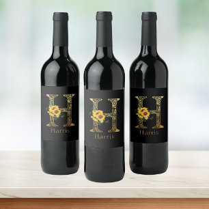 Étiquette Pour Bouteilles De Vin Tournesols H en lettres noires et dorées