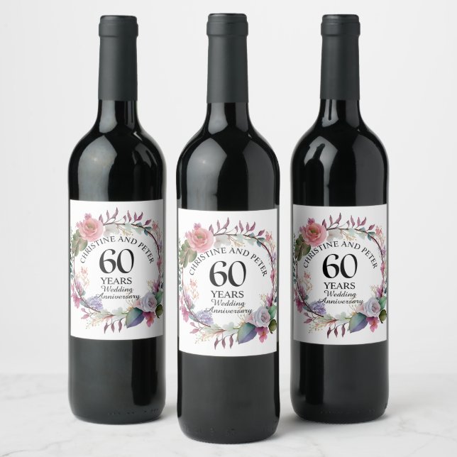Étiquette Pour Bouteilles De Vin Tout Mariage (60) Élégant Anniversaire Floral (Bouteilles)