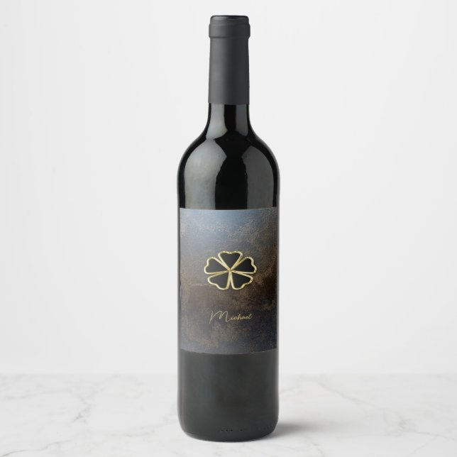 Étiquette Pour Bouteilles De Vin Trèfle doré élégant, aspect cuir (Devant)