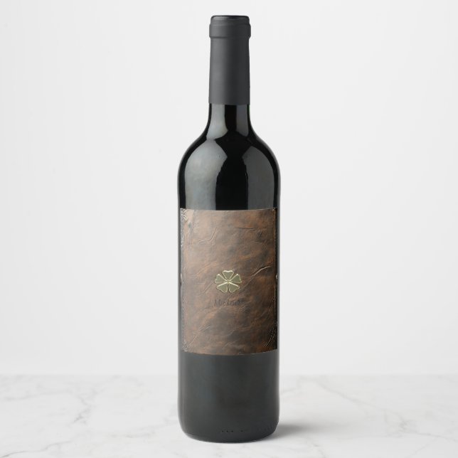 Étiquette Pour Bouteilles De Vin Trèfle doré Saint-Patrick, Cuir marron (Devant)