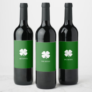 Étiquette Pour Bouteilles De Vin Trèfle irlandais vert personnalisé à quatre feuill