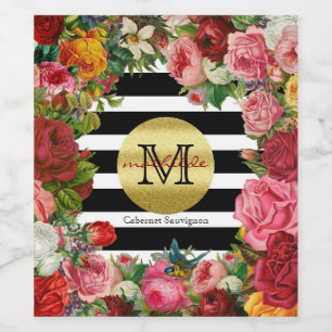 Étiquette Pour Bouteilles De Vin Trendy Monogram Stripes Rose Fleurs Parties scinti