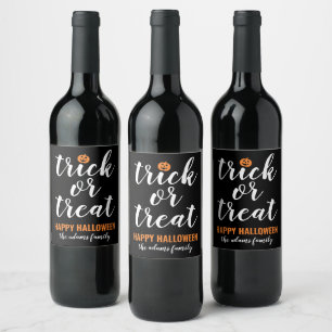 Étiquette Pour Bouteilles De Vin Trick or Treat Nom de Famille en Écriture Noire Mo