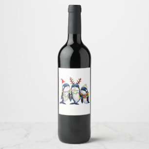 Étiquette Pour Bouteilles De Vin Trois baleines portent le chapeau de Noël
