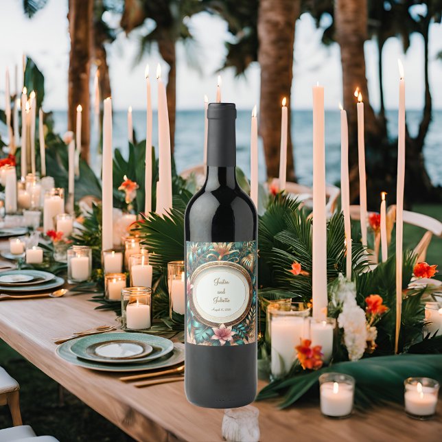 Étiquette Pour Bouteilles De Vin Tropical Elegance Round Frame (Créateur téléchargé)