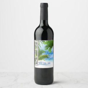 Étiquette Pour Bouteilles De Vin Tropical Mariage Beach Scène Étiquette de boissons