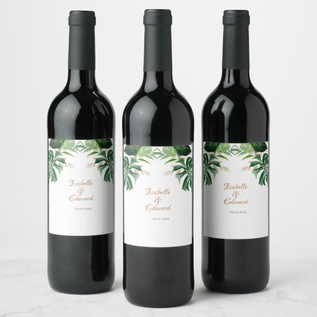 Étiquette Pour Bouteilles De Vin Tropical Monstera Feuille Green & Gold Trim (Bouteilles)