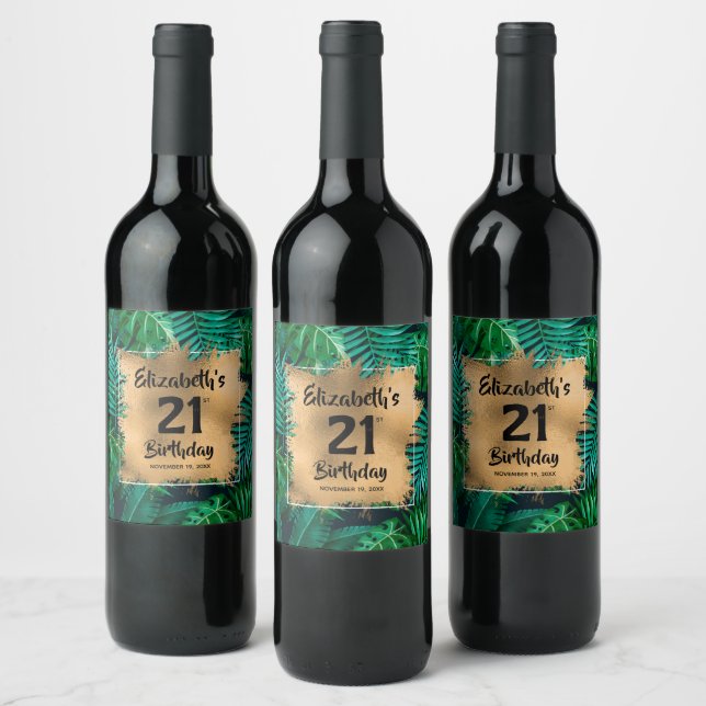 Étiquette Pour Bouteilles De Vin Tropical Plante Gold 21e anniversaire Personnalisé (Bouteilles)