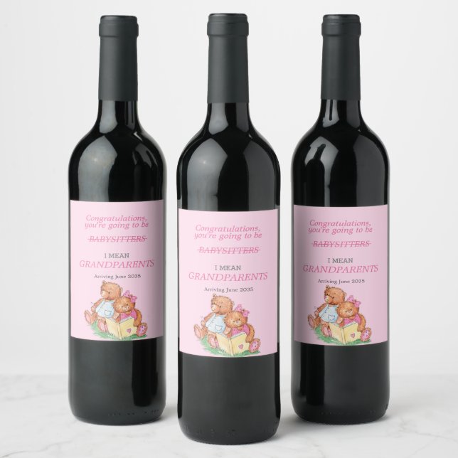 Étiquette Pour Bouteilles De Vin Tu vas être grand-parents ours rose (Bouteilles)