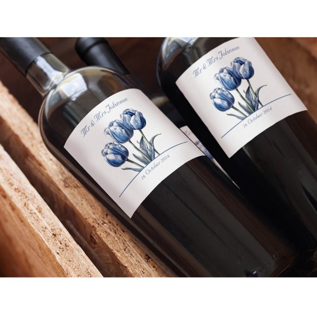 Étiquette Pour Bouteilles De Vin Tulipes dans Delft Blue personnalisable (Créateur téléchargé)