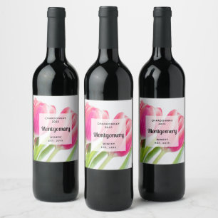 Étiquette Pour Bouteilles De Vin Tulipes roses avec vertes Feuilles Photo vinificat
