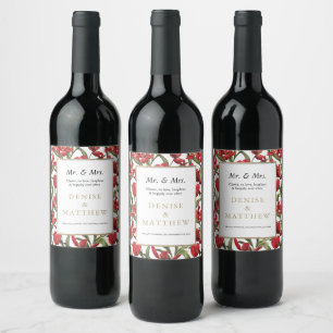 Étiquette Pour Bouteilles De Vin Tulipes rouges aquarelle florale avec lettrage dor