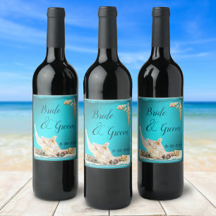 Étiquette Pour Bouteilles De Vin Turquoise Blue Aqua Turquoise Seashell Beach Maria