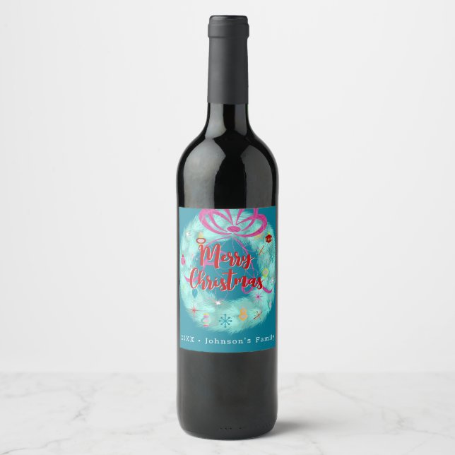 Étiquette Pour Bouteilles De Vin Turquoise couronne de Noël rétro (Devant)