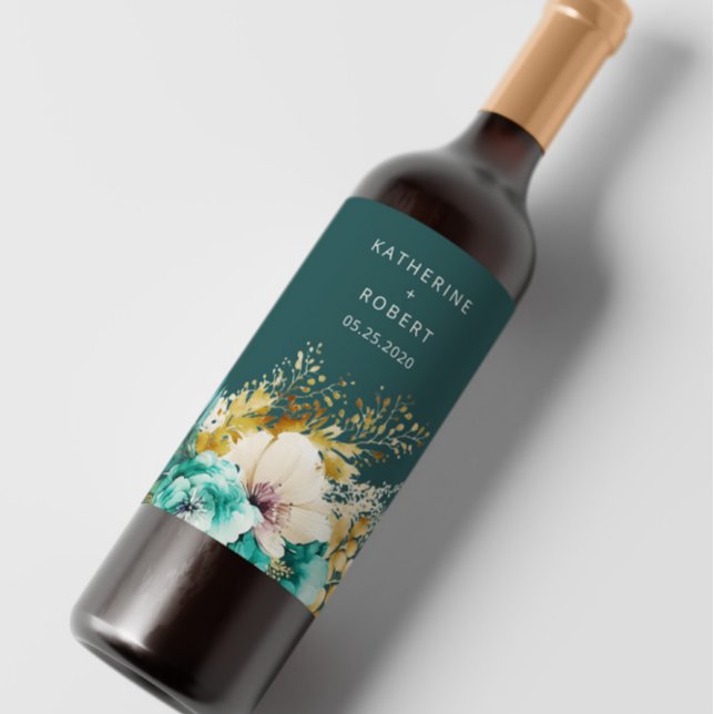 Étiquette Pour Bouteilles De Vin Turquoise Gold Luxuriant Floral Mariage Vin Ensemb (Créateur téléchargé)