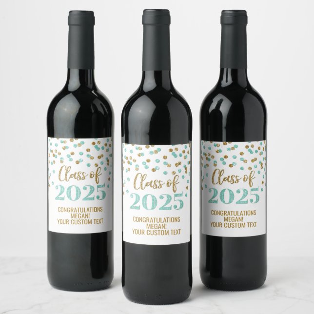 Étiquette Pour Bouteilles De Vin Turquoise Gold Parties scintillant Classe de 2025  (Bouteilles)