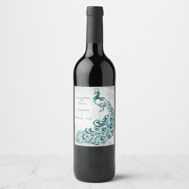 Étiquette Pour Bouteilles De Vin Turquoise Peacock Leaf Vine Mariage Vin Étiquette (Devant)