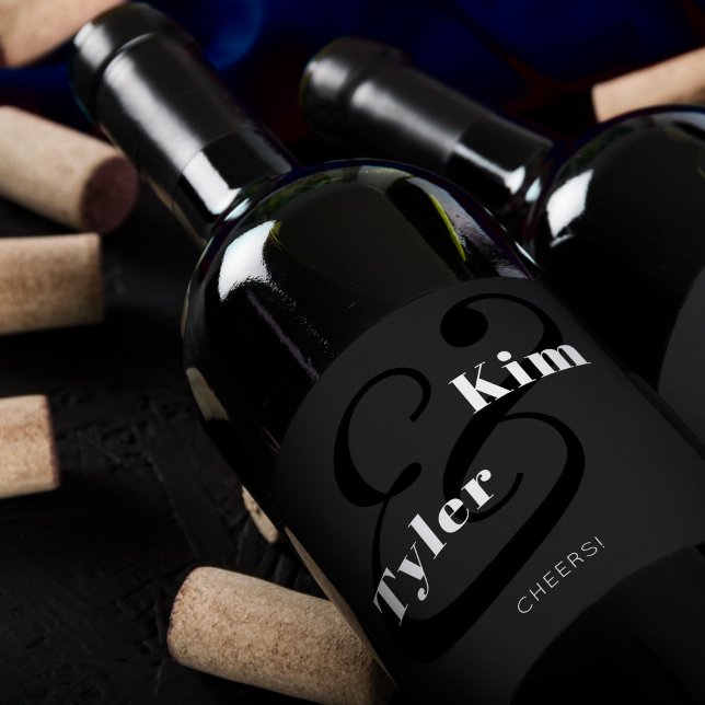 Étiquette Pour Bouteilles De Vin Typographie moderne applaudissements mariage noir  (Créateur téléchargé)