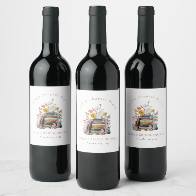 Étiquette Pour Bouteilles De Vin Un Nouveau Chapitre Commence Floral Books Baby Sho (Bouteilles)