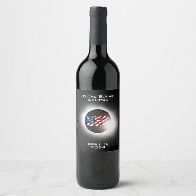 Étiquette Pour Bouteilles De Vin USA FLAG Total éclipse solaire 8 avril 2024 (Devant)