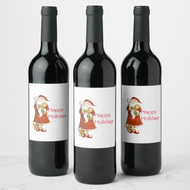 Étiquette Pour Bouteilles De Vin Vacances Whimsical Père Noël and Cats (Bouteilles)