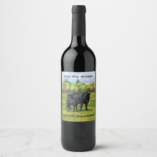 Étiquette Pour Bouteilles De Vin Vache d'Angus noir et veau mou en pâturage d'été (Devant)