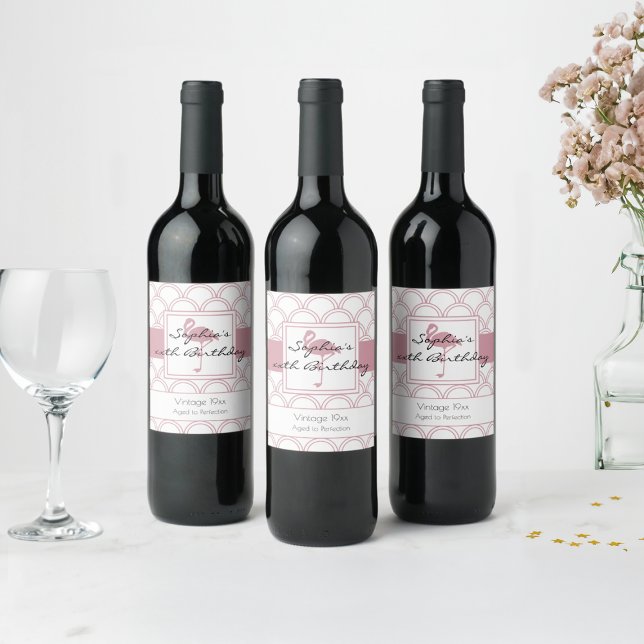 Étiquette Pour Bouteilles De Vin Vague Art Déco Flamant Rose Anniversaire (Créateur téléchargé)