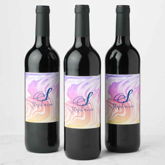 Étiquette Pour Bouteilles De Vin Vague rose blanc Abstrait Monogrammes mignons pour (Bouteilles)