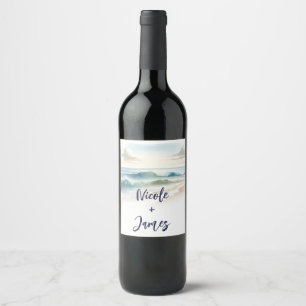 Étiquette Pour Bouteilles De Vin Vagues de plage à l'aquarelle Mariage rustique côt