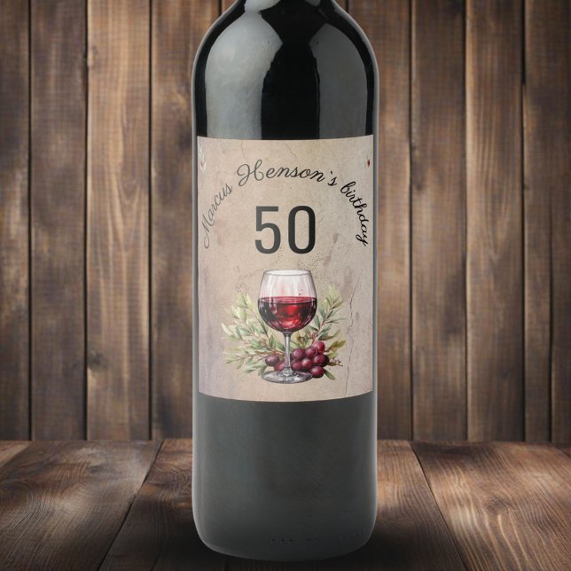 Étiquette Pour Bouteilles De Vin Verre rouge Olive Aquarelle 50e anniversaire (Créateur téléchargé)