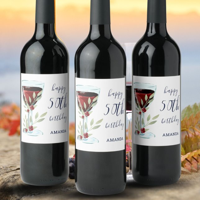 Étiquette Pour Bouteilles De Vin Verre rouge Rose Aquarelle 50e anniversaire (Créateur téléchargé)