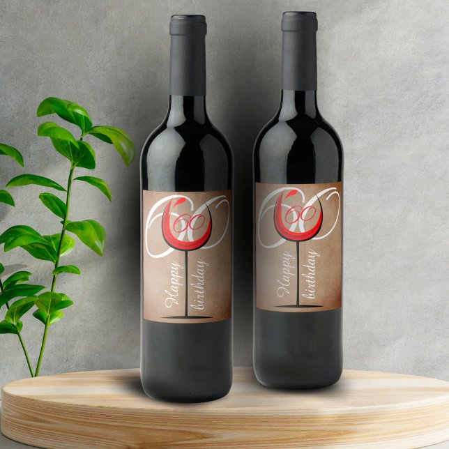 Étiquette Pour Bouteilles De Vin Verre rouge rustique Script 60e anniversaire (Créateur téléchargé)