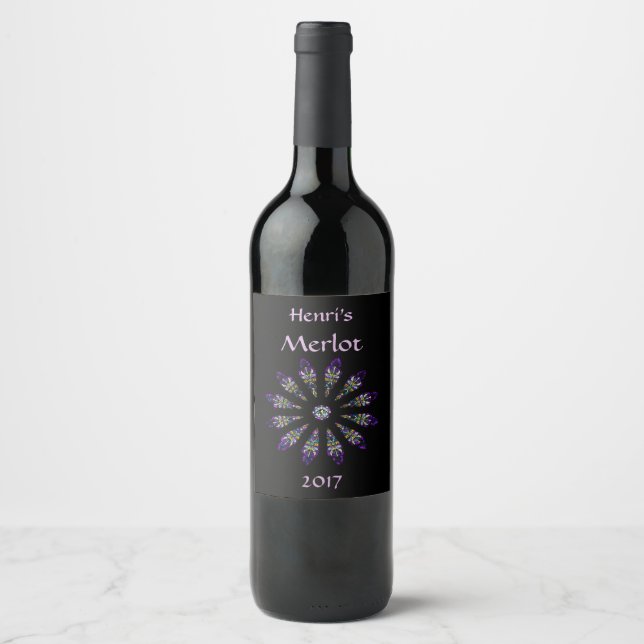 Étiquette Pour Bouteilles De Vin Verre verni noir et violet Mandala Vin Étiquette (Devant)