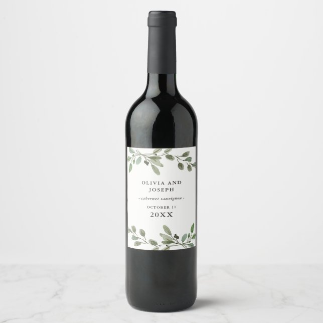 Étiquette Pour Bouteilles De Vin Vert aquarelle simple | MARIAGE (Devant)