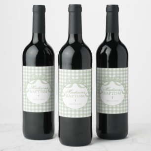 Étiquette Pour Bouteilles De Vin Vert Gingham Coquette Nœud Baptême