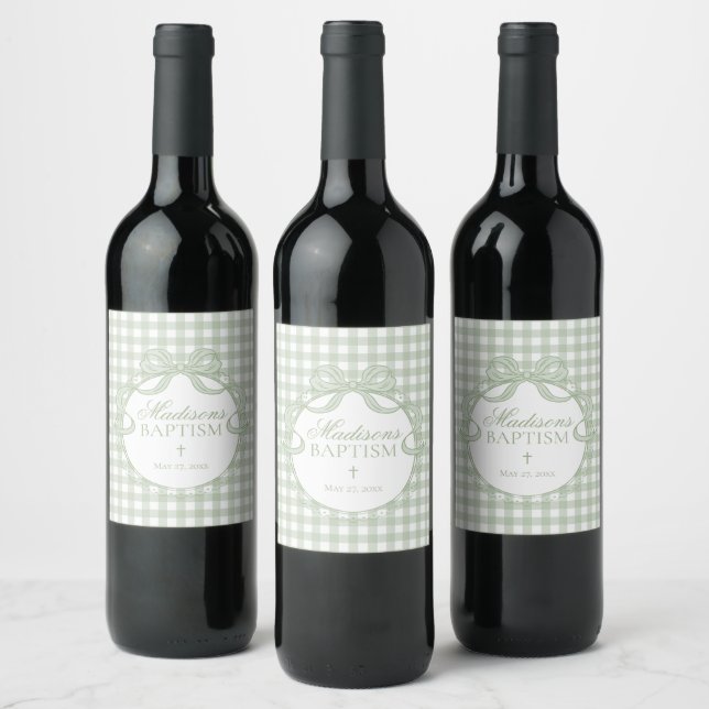 Étiquette Pour Bouteilles De Vin Vert Gingham Coquette Nœud Baptême (Bouteilles)