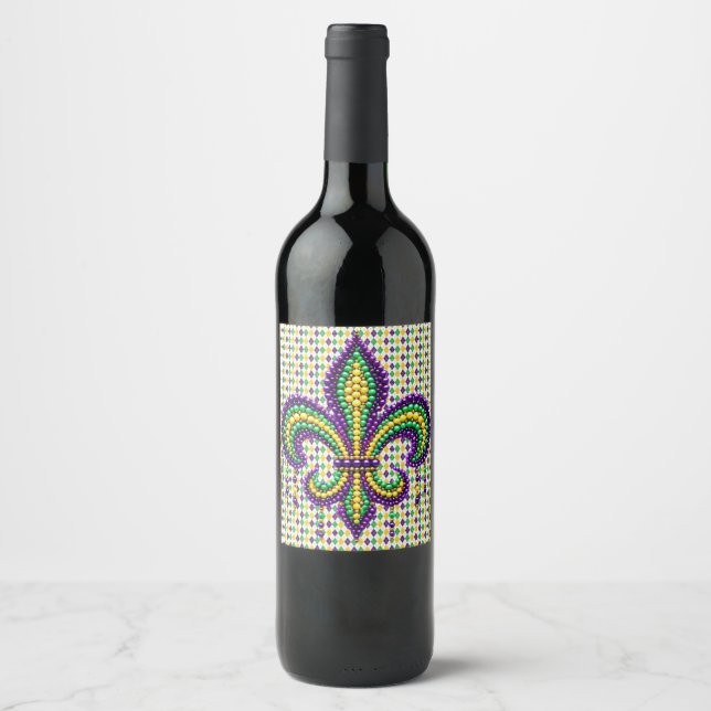 Étiquette Pour Bouteilles De Vin Vert jaune pourpre Mardi Gras fleur de lis (Devant)