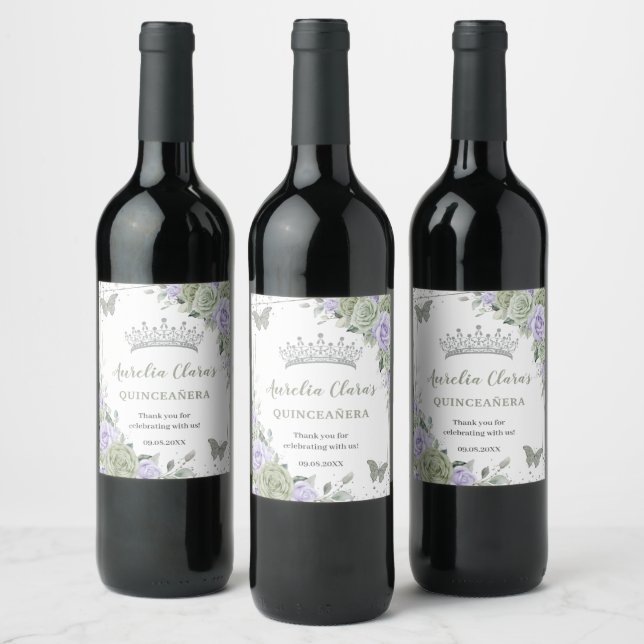 Étiquette Pour Bouteilles De Vin Vert sauge Fleur Rose pourvû Quinceañera Anniversa (Bouteilles)