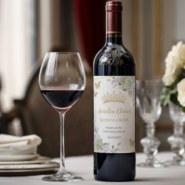 Étiquette Pour Bouteilles De Vin Vert sauge Fleurs violettes Or Quinceañera Anniver (Créateur téléchargé)