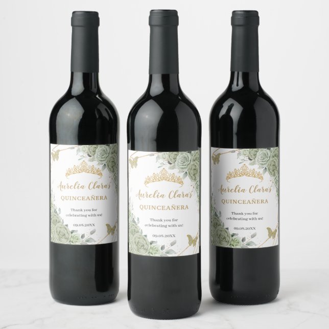 Étiquette Pour Bouteilles De Vin Vert sauge papillons floraux Quinceañera Anniversa (Bouteilles)
