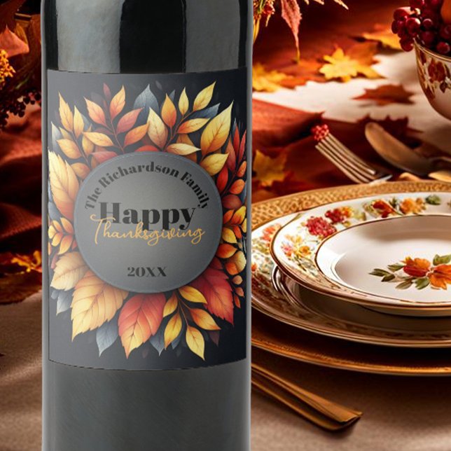Étiquette Pour Bouteilles De Vin Vibrant Automne Quitte Thanksgiving Nom de famille (Créateur téléchargé)