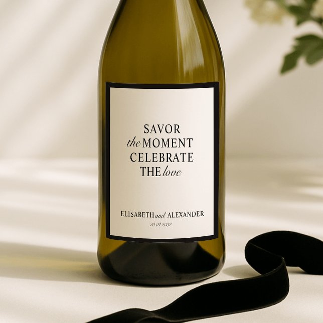 Étiquette Pour Bouteilles De Vin Vieux argent mariage, blanc cassé, cadre sombre (Créateur téléchargé)