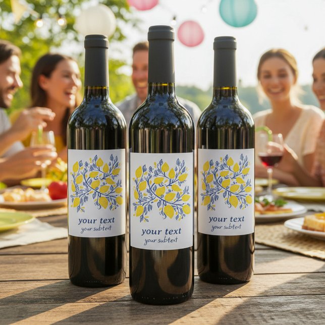 Étiquette Pour Bouteilles De Vin Vignes de citron bleu et jaune, jolies et délicate (Pretty and delicate blue and yellow lemon vines wine label.)