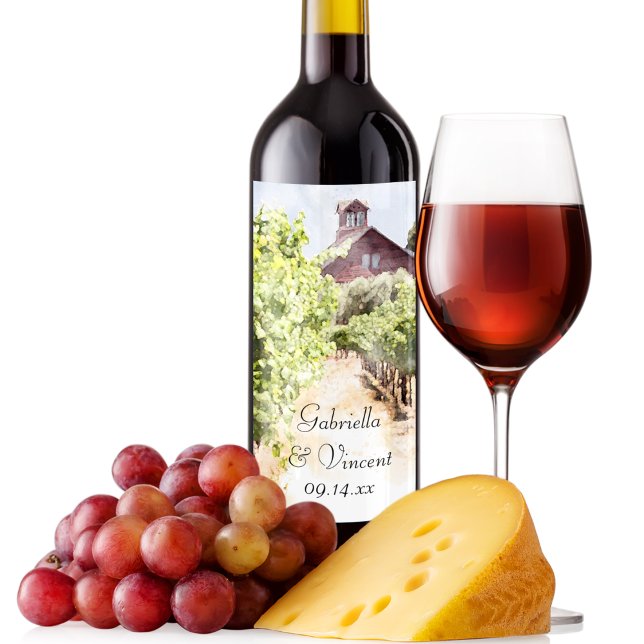 Étiquette Pour Bouteilles De Vin Vignoble et Mariage d'aquarelle de la grange rouge (Create your own personal wine labels for your vineyard wedding reception or shower theme.)