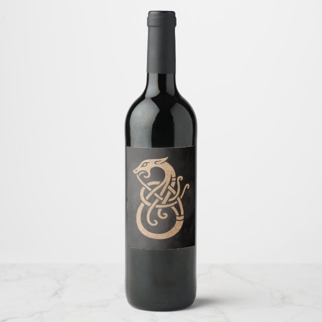 Étiquette Pour Bouteilles De Vin Viking Dragon Knot - Ancien Norse Symbole sur Noir (Devant)