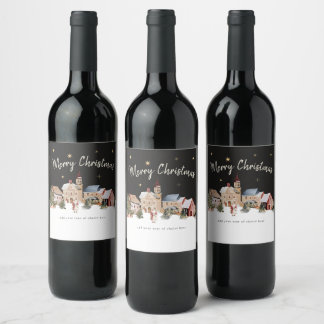 Étiquette Pour Bouteilles De Vin Village enneigé festif aquarelle Noël vin