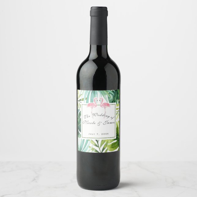 Étiquette Pour Bouteilles De Vin Vin de mariage d'été aux feuilles tropicales et fl (Devant)