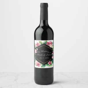 Étiquette Pour Bouteilles De Vin Vin de mariage flamant rose hibiscus feuilles trop