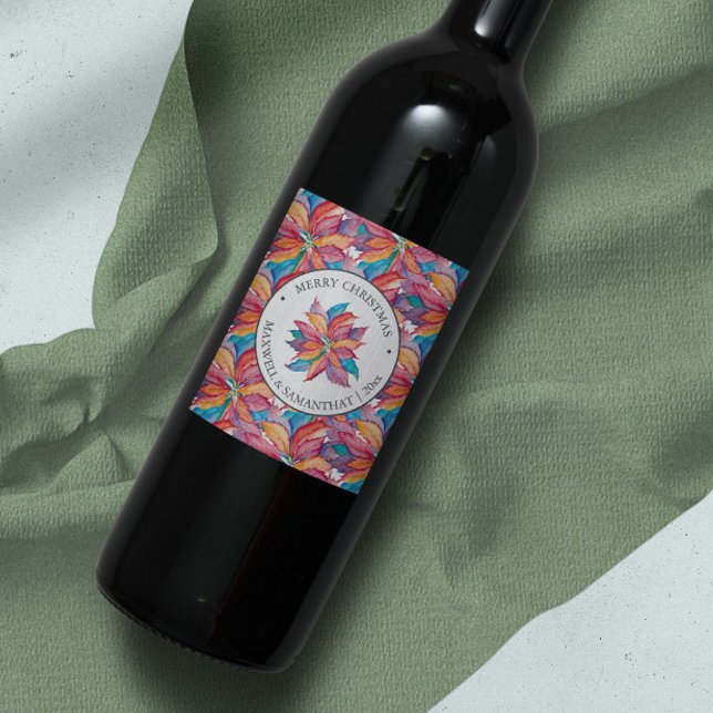 Étiquette Pour Bouteilles De Vin Vin de Noël Étiquette Aquarelle Botanique (Christmas wine label unique unique botanical watercolor poinsettia)