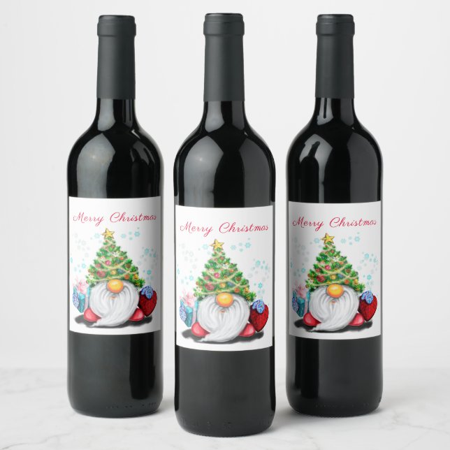 Étiquette Pour Bouteilles De Vin Vin de Noël Étiquette heureux Gnome avec cadeau (Bouteilles)